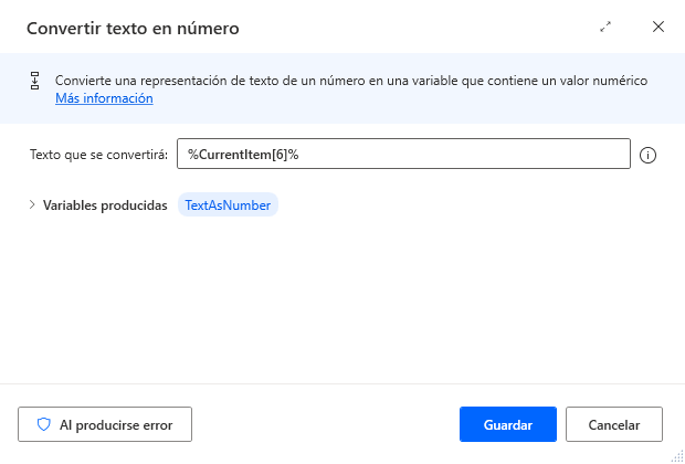 Captura de pantalla de la acción Convertir texto en número.