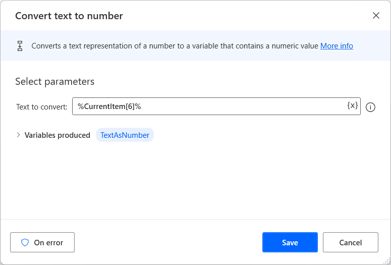 Captura de pantalla de la acción Convertir texto en número.