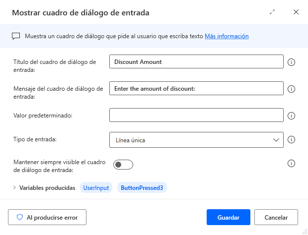 Captura de pantalla de la acción Mostrar cuadro de diálogo de entrada.