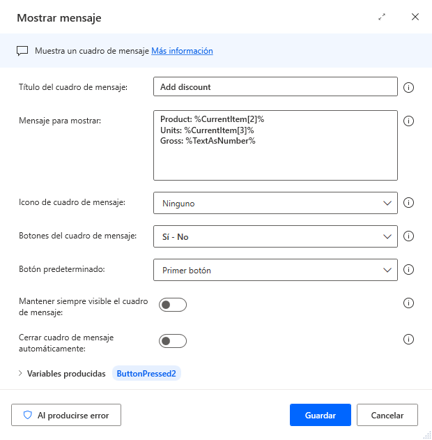 Captura de pantalla de la acción Mostrar mensaje.
