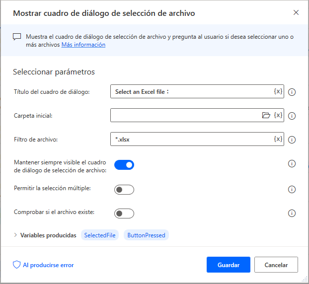 Captura de pantalla de la acción Mostrar el cuadro de diálogo de selección de archivo.