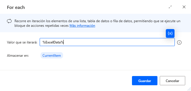 Captura de pantalla del cuadro de diálogo de propiedades For Each.