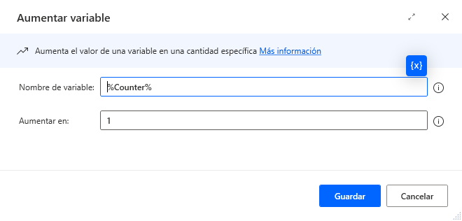 Captura de pantalla de la acción Incrementar variable.