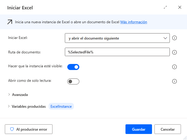 Captura de pantalla de la acción Iniciar Excel.
