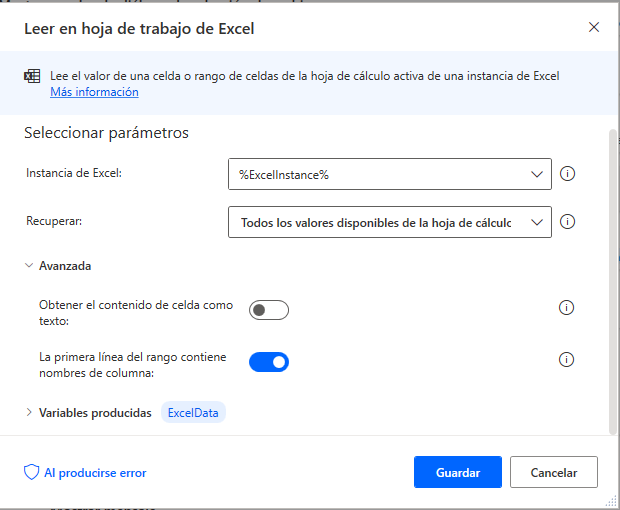 Captura de pantalla de la acción Leer en hoja de cálculo de Excel.