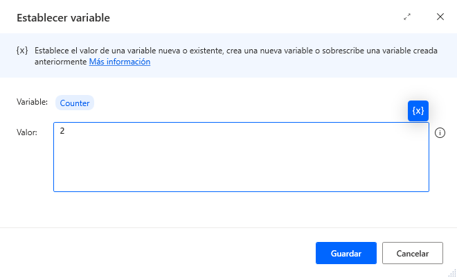 Captura de pantalla de la acción Establecer variable.