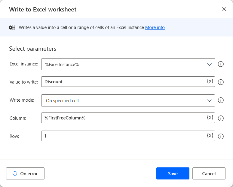 Captura de pantalla de la acción Escribir en hoja de cálculo de Excel que escribe el encabezado Descuento.