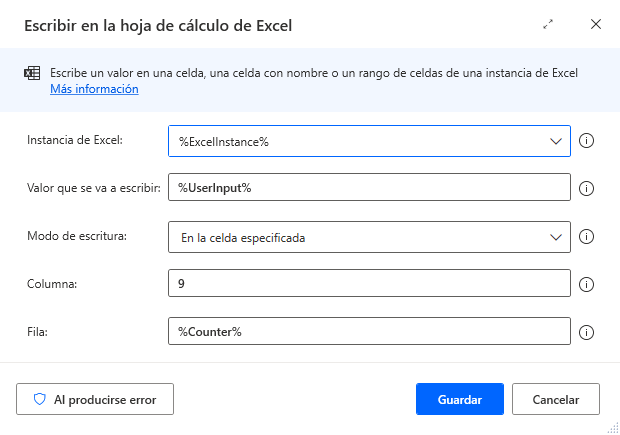 Captura de pantalla de la acción Escribir en hoja de cálculo de Excel que escribe el encabezado Descuento.