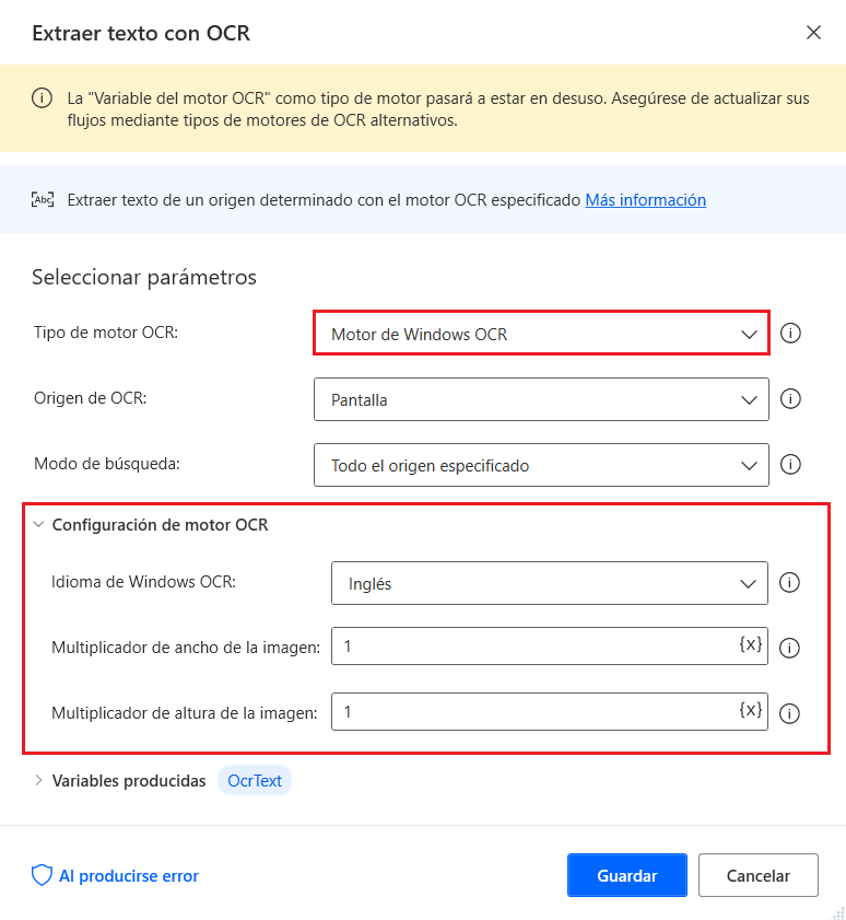 Captura de pantalla de las opciones de Tesseract en la acción Extraer texto con OCR.