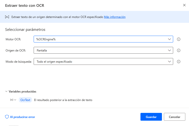 Captura de pantalla de la acción Extraer texto con OCR.