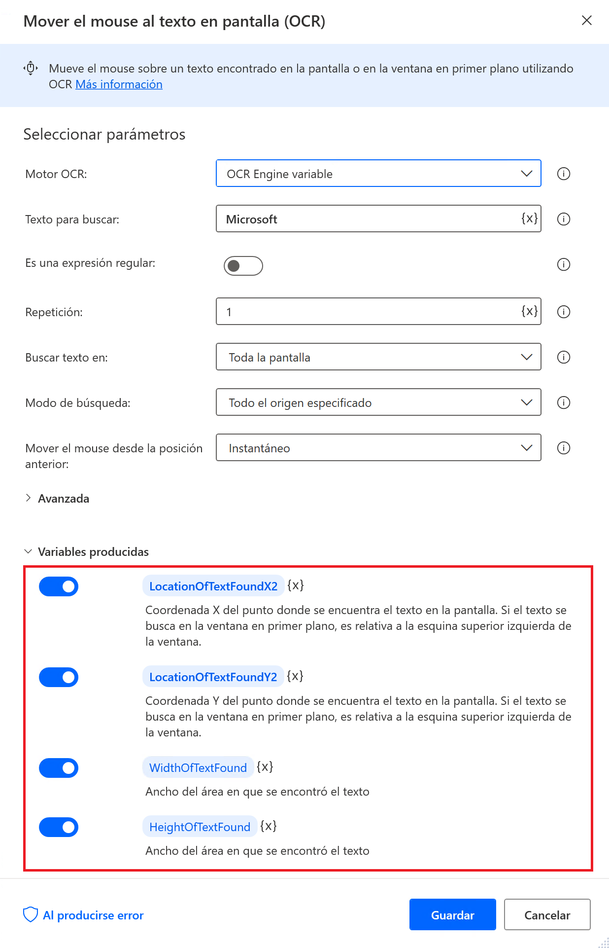 Captura de pantalla de las variables generadas de la acción Mover el ratón al texto en pantalla