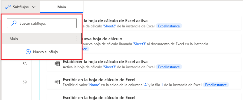 Captura de pantalla del panel Subflujos expandido para revelar el cuadro de búsqueda