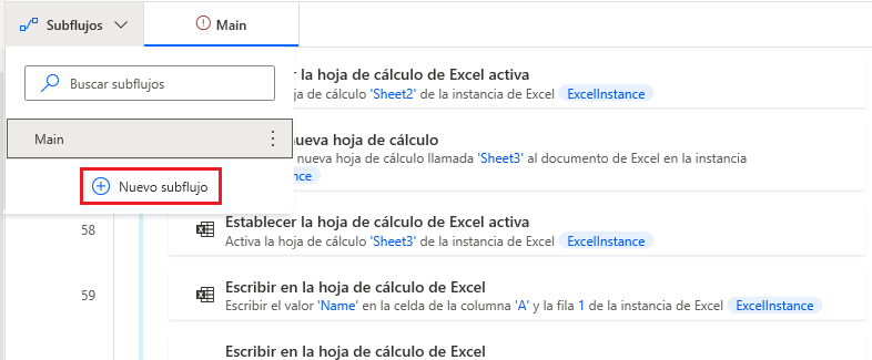Captura de pantalla del panel Subflujos con el botón Nuevo subflujo resaltado