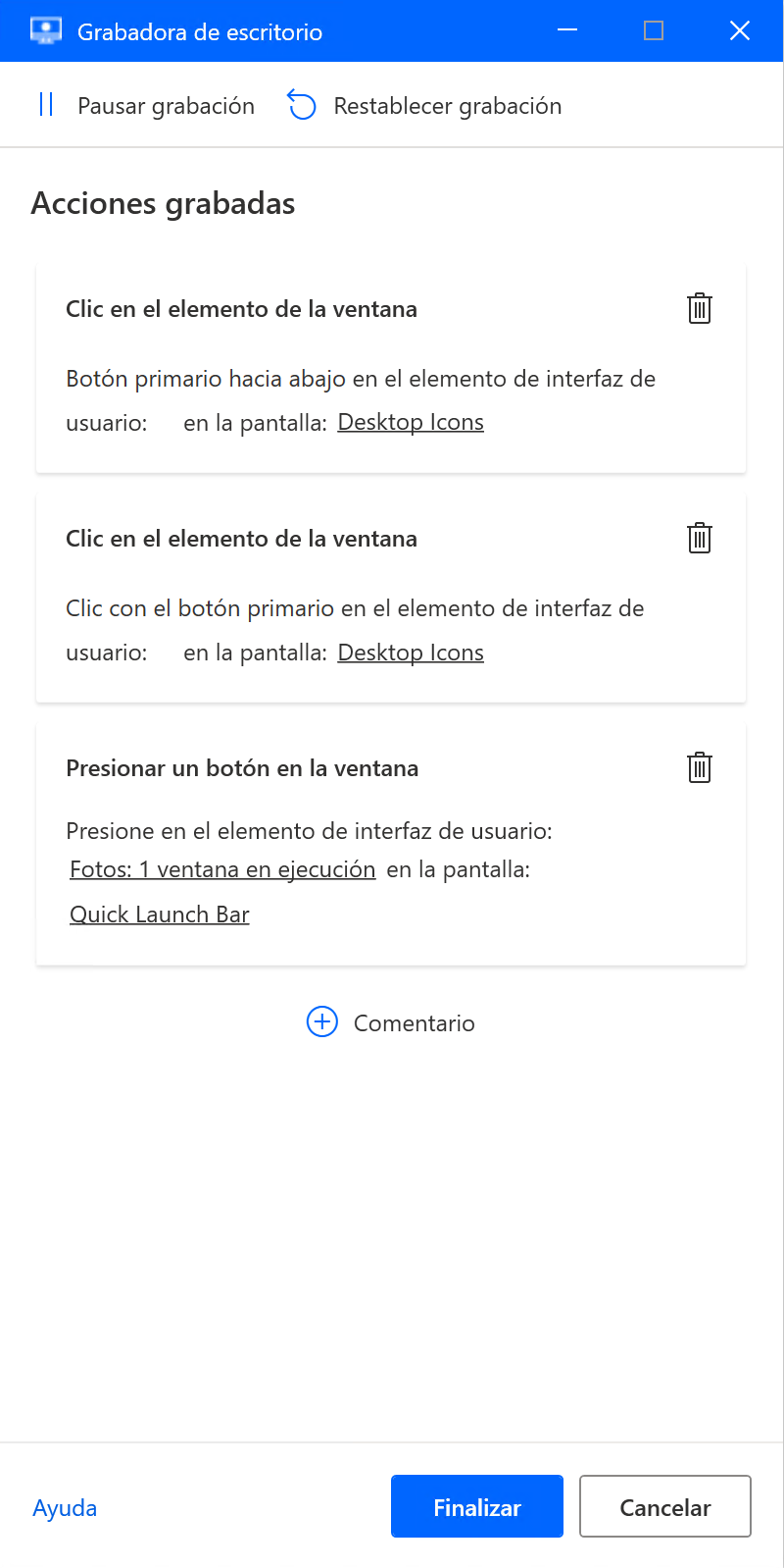 Captura de pantalla de los pasos grabados en la ventana de la grabadora.