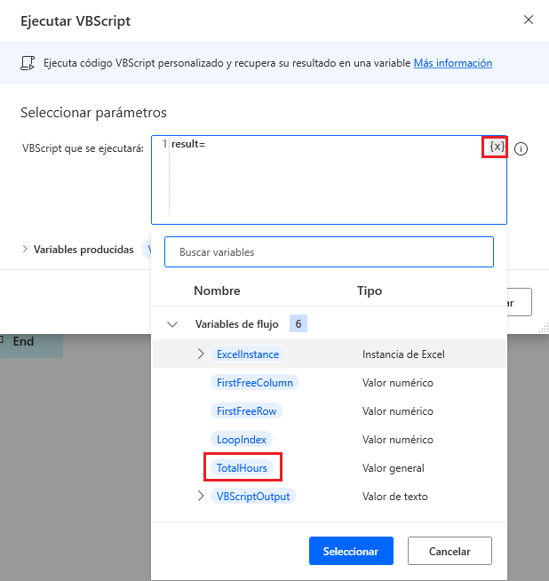 Captura de pantalla de la acción Ejecutar V B Script en Power Automate para escritorio