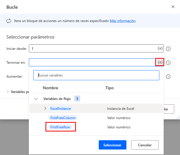 Captura de pantalla de la primera variable de fila libre