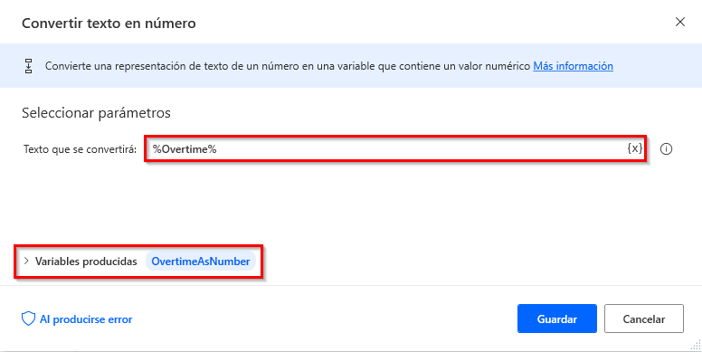Captura de pantalla de la acción Convertir el texto en número en Power Automate para escritorio.