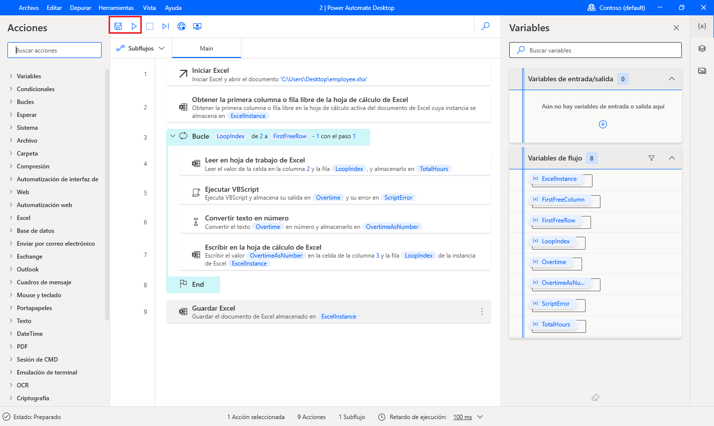 Captura de pantalla del flujo final y los botones de guardar y ejecutar en Power Automate para escritorio