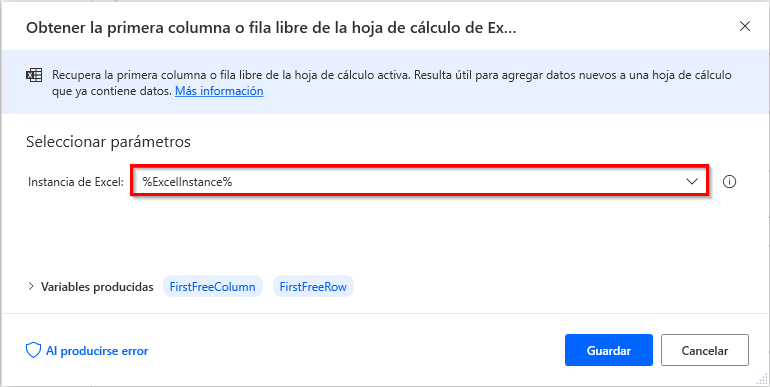 Captura de pantalla de la acción Obtener la primera columna o fila libre de la hoja de cálculo de Excel en Power Automate para escritorio.