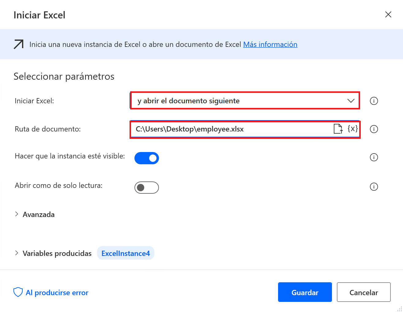 Captura de pantalla de la acción Iniciar Excel en Power Automate para escritorio