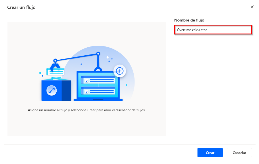 Captura de pantalla del cuadro de diálogo Crear un flujo de Power Automate para escritorio