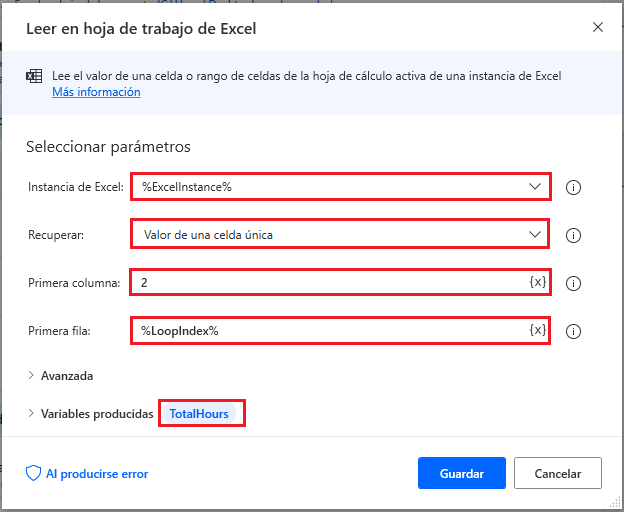 Captura de pantalla de la acción Leer en hoja de cálculo de Excel en Power Automate para escritorio
