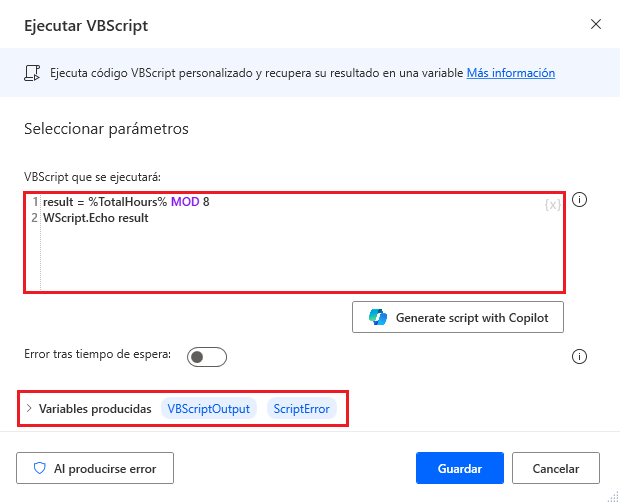 Captura de pantalla de la acción Ejecutar VBScript en Power Automate para escritorio.