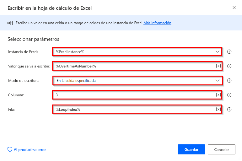 Captura de pantalla de la acción Escribir en la hoja de cálculo de Excel en Power Automate para escritorio.