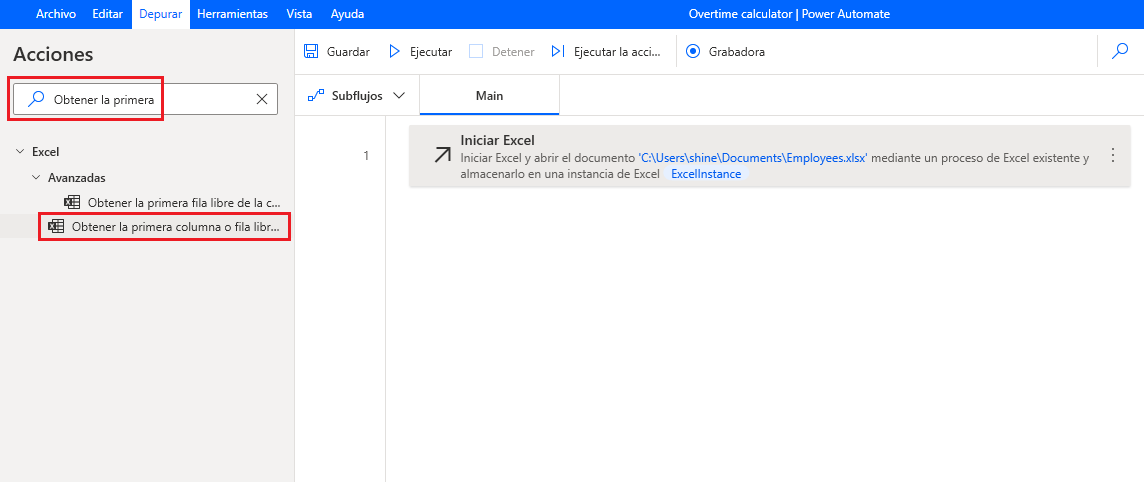 Captura de pantalla de la opción Obtener la primera búsqueda de Acciones, de Power Automate para escritorio