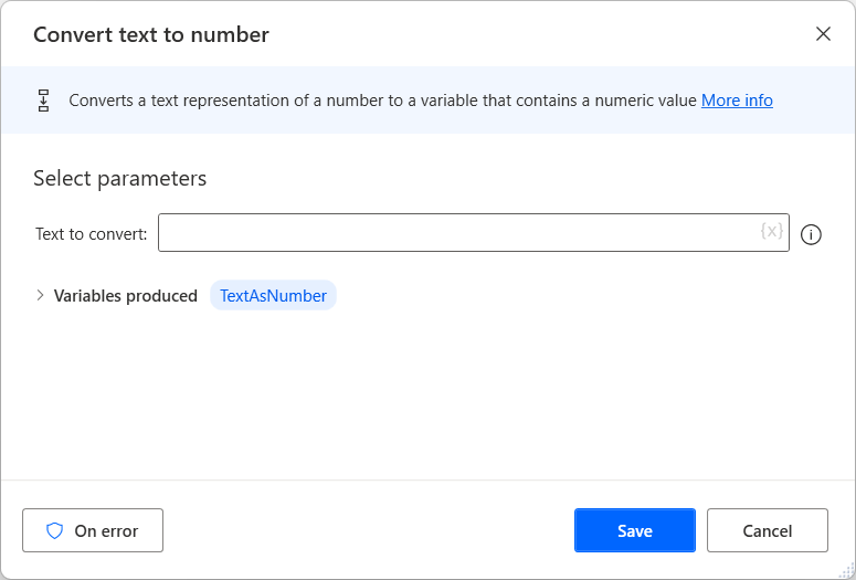 Captura de pantalla de las propiedades de la acción Convertir el texto en número.