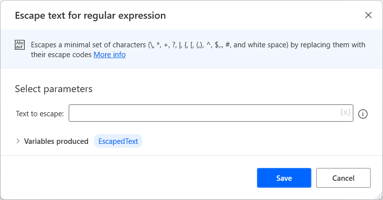 Captura de pantalla de las propiedades de la acción texto de escape para expresión regular