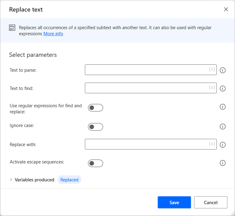 Captura de pantalla de las propiedades de la acción Reemplazar texto.