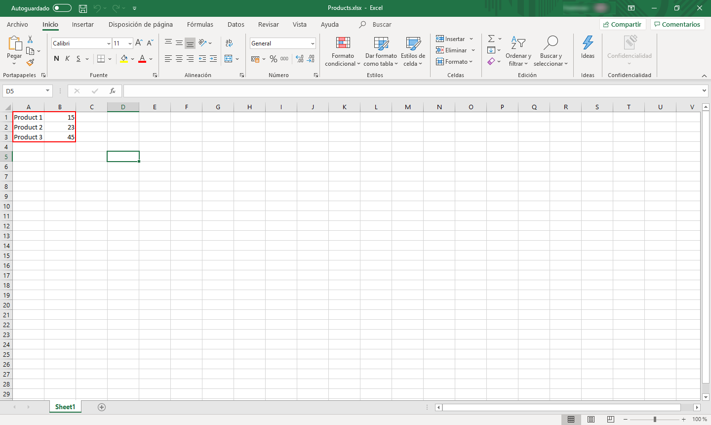 Captura de pantalla de una tabla de Excel que contiene productos y precios