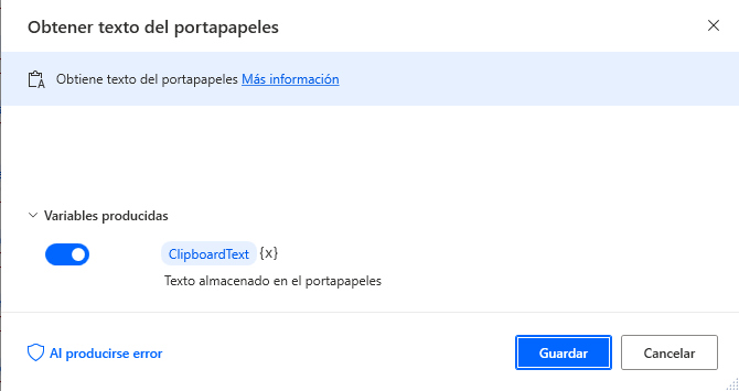 Captura de pantalla de la acción Obtener texto del portapapeles