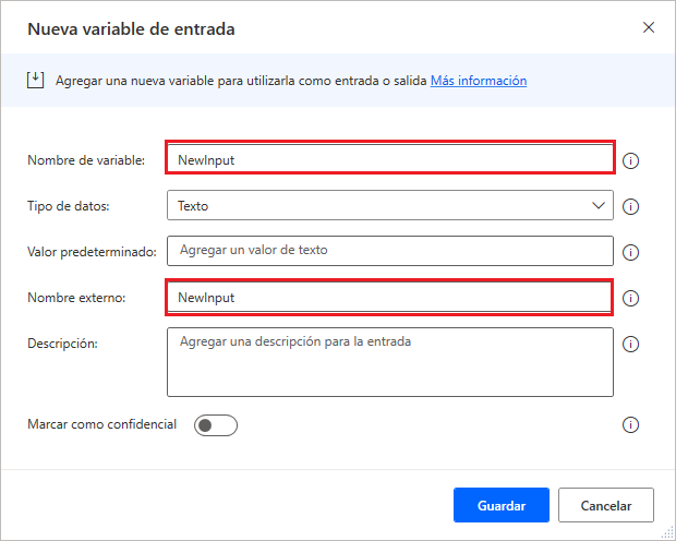 Captura de pantalla de los campos Nombre de variable y Nombre externo del cuadro de diálogo Agregar una nueva variable de entrada