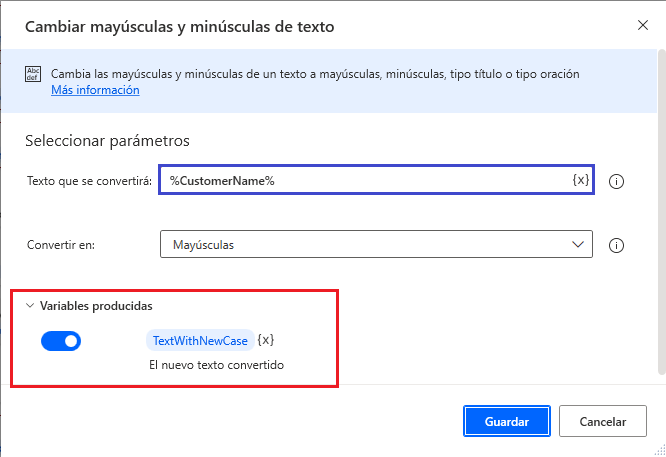 Captura de pantalla de la variable generada por la acción Cambiar mayúsculas y minúsculas de texto.