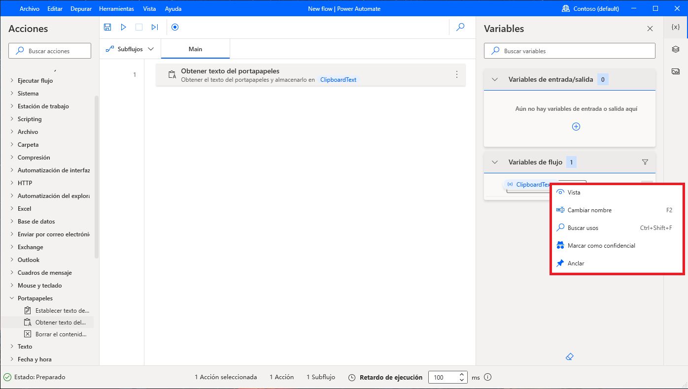 Captura de pantalla de las opciones Cambiar el nombre y Buscar usos de la variable.