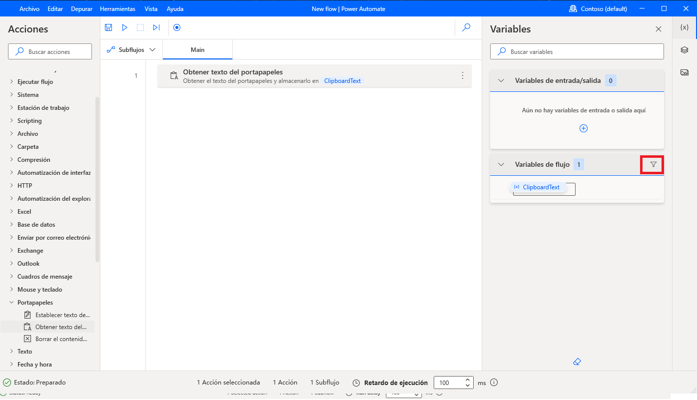 Captura de pantalla del botón de filtro en el panel de variables