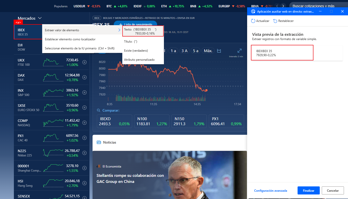 Captura de pantalla de la vista previa de Extracción de la primera acción.