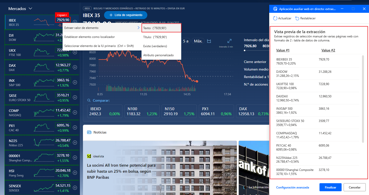 Captura de pantalla de la versión preliminar de Extracción de los precios de las acciones