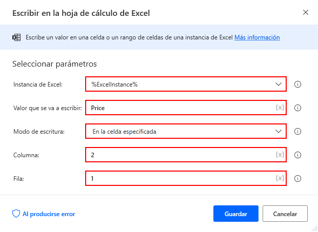 Captura de pantalla de la segunda acción Escribir en la hoja de cálculo de Excel para escribir el encabezado del precio.
