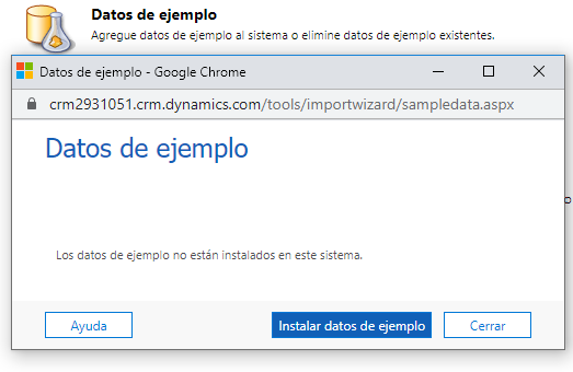 Captura de pantalla de la adición de datos de ejemplo al sistema o de eliminación de datos de muestra existentes con el botón Instalar datos de muestra.