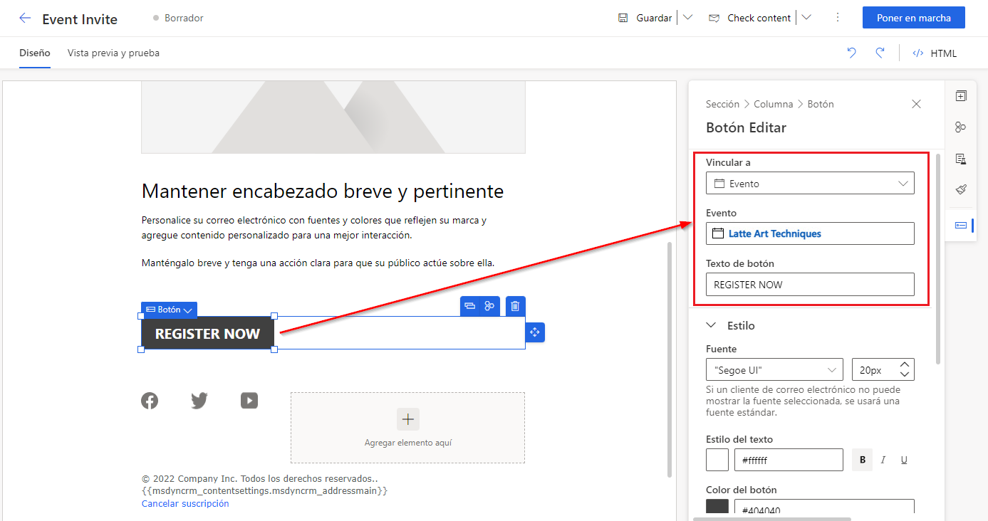 Agregue un elemento Evento a un correo electrónico para enviar invitados al evento in situ al sitio web de su evento para que se registren