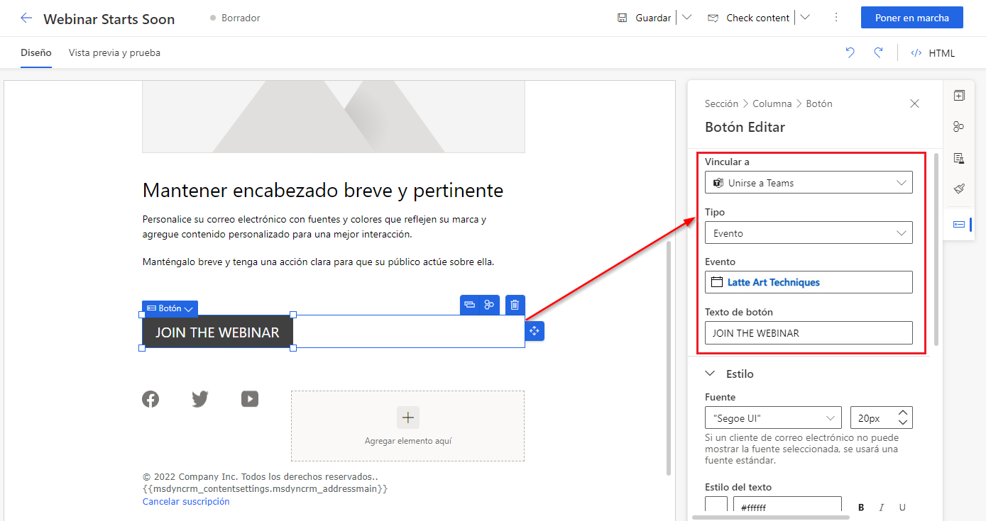 Agregue un elemento de registro de Teams para ofrecer un vínculo al seminario web usando Microsoft Teams.