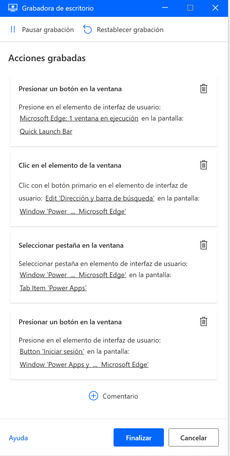 Captura de pantalla de los pasos capturados por la Grabadora de escritorio.