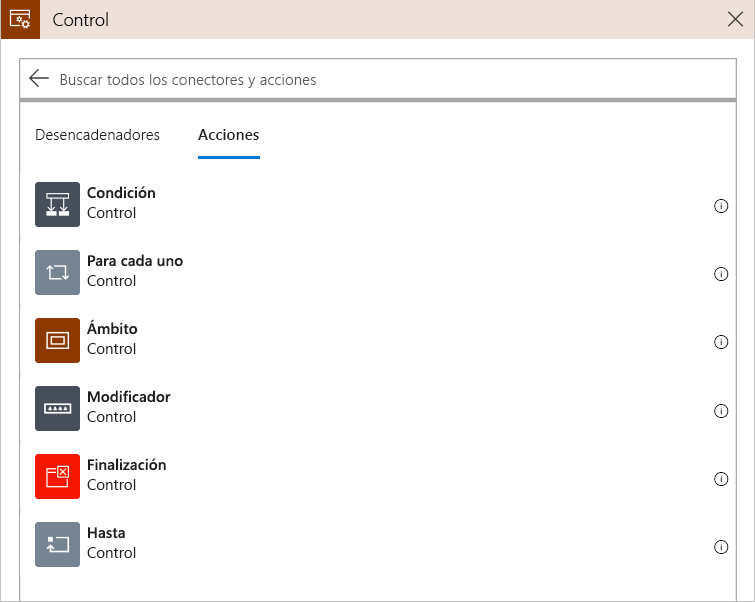 Screenshot shows the actions in the **Control** connector in the workflow designer. The list includes the following control flow actions: **Condition**, **For each**, **Switch**, and **Until**.