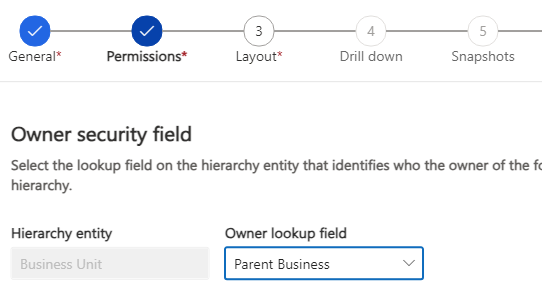 Captura de pantalla del paso Permisos en la que se muestra el campo Seguridad de propietario
