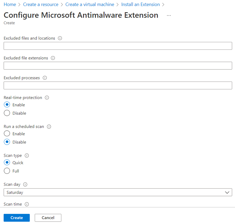 Screenshot that shows the default options for Microsoft malware.