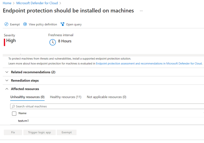 Screenshot that shows the option to fix unprotected VMs.