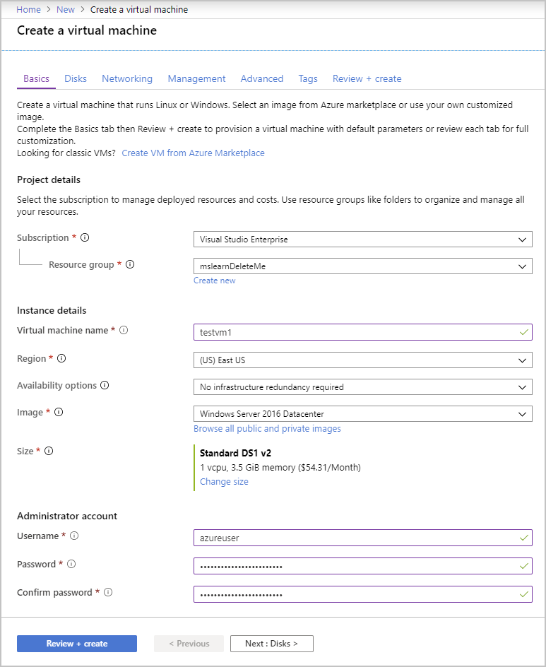 Screenshot showing the Basic tab for VM creation.